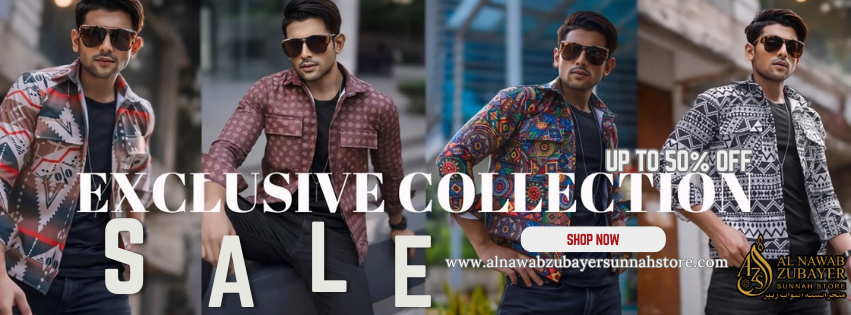 Promotional banner for a fashion sale with a man wearing sunglasses and a patterned shirt.